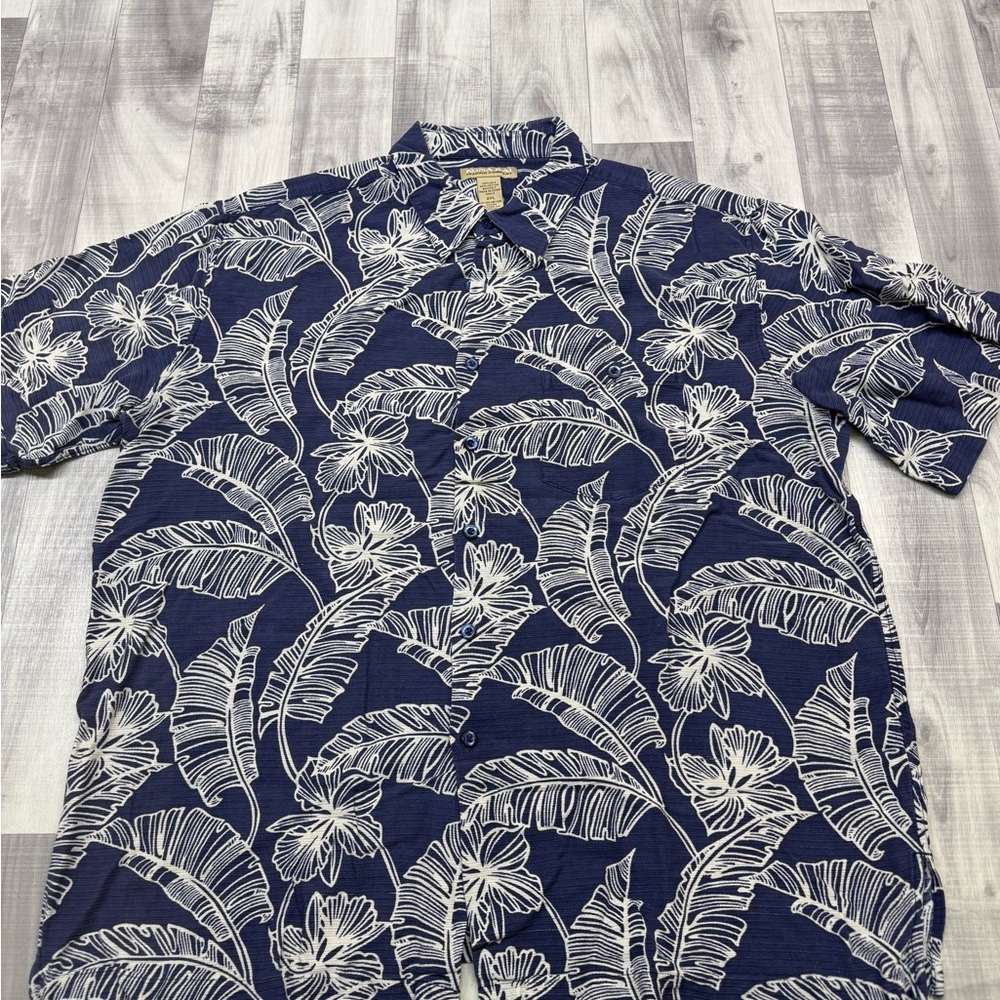 Men's 2XL Navy Blue Floral Palm Print Short-Sleeve Hawaiian Shirt Silk Blend
